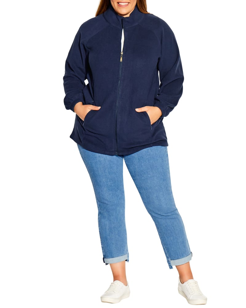 Front of a model wearing a size 14 Lyla Polar Fleece Zip Up in Navy by avenue. | dia_product_style_image_id:234439
